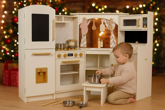 Bucatarie din Lemn Interactiva pentru Copii idealSTORE 108x99x80 cm cu Masina de Paine si Efecte Lumini Sunete