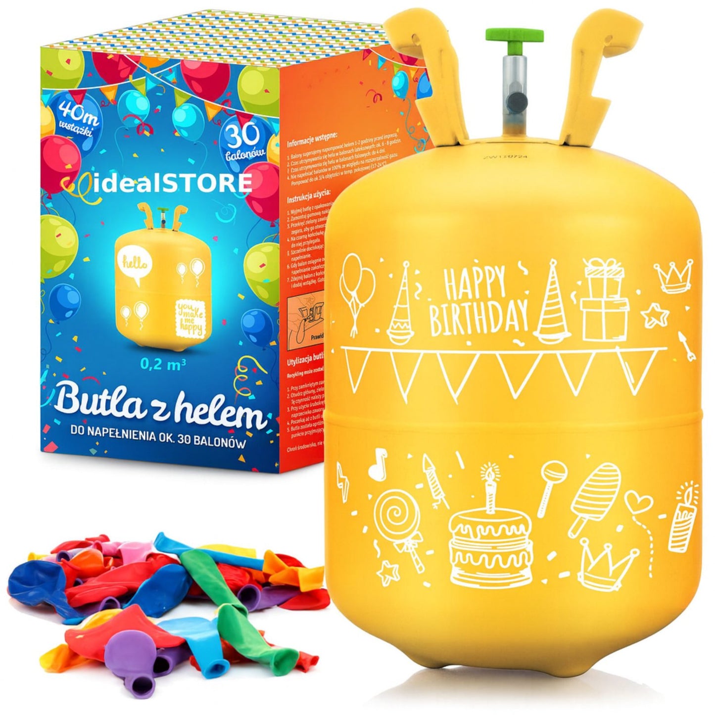 Set butelie heliu pentru baloane IdealStore Ballon Time 0.20 m3 cu reductor si 30 baloane colorate