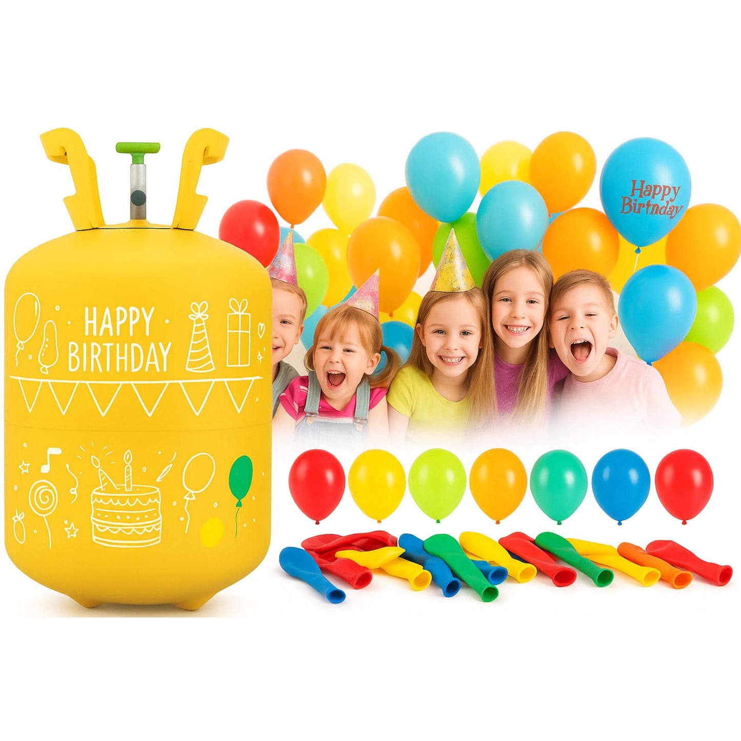 Set butelie heliu pentru baloane IdealStore Ballon Time 0.42 m3 cu reductor si 50 baloane colorate