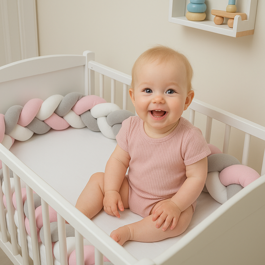 Protectie Laterala pentru Patut Bumper Rico idealSTORE, Lungime 3 m, Material moale, Placut la atingere, Protejeaza impotriva curentilor de aer si a loviturilor, Antialergic, Roz-Gri