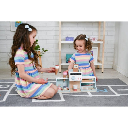 Jucarie de lemn 2in1 idealSTORE Cofetarie si Cafenea Montessori pentru copii cu accesorii si joc de rol