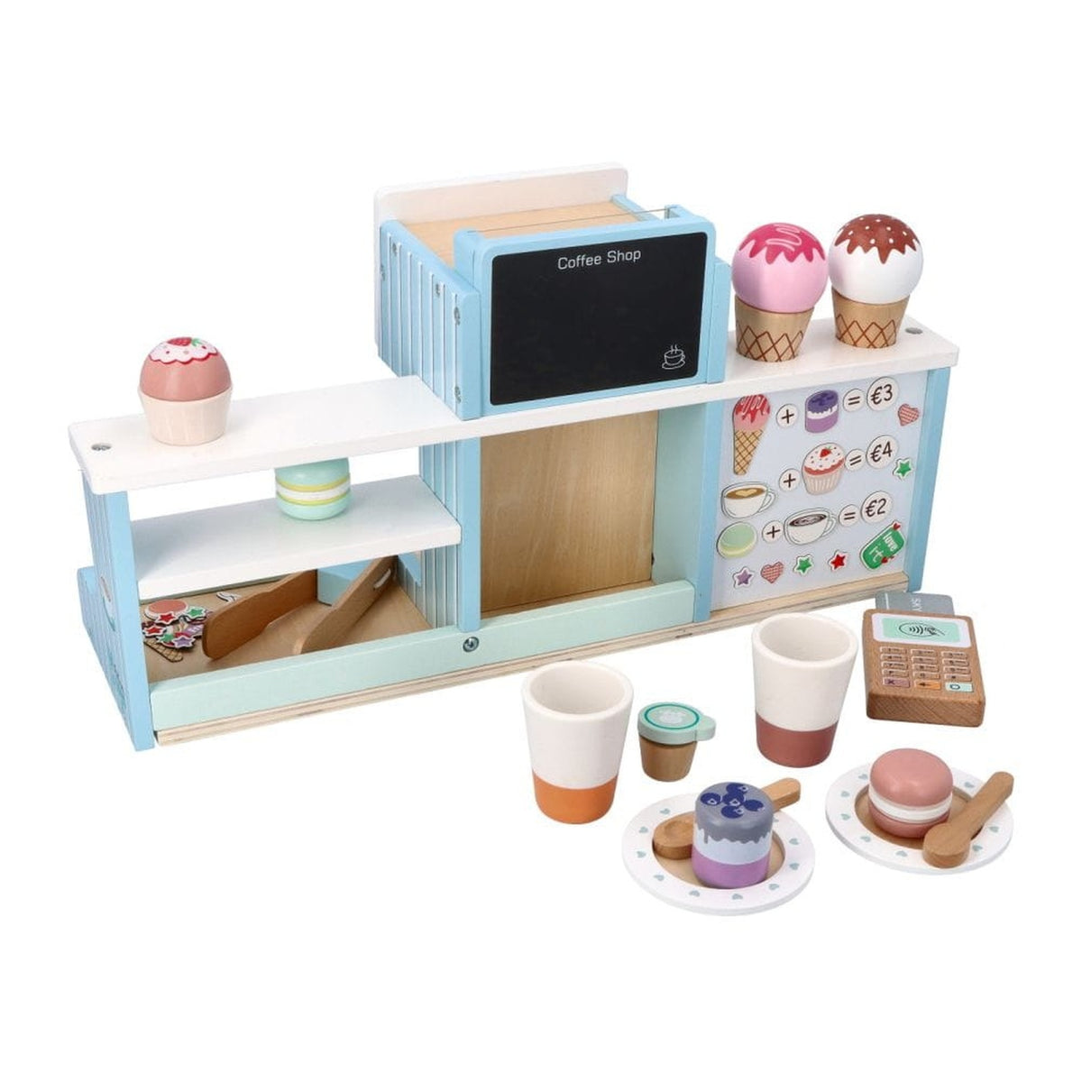 Jucarie de lemn 2in1 idealSTORE Cofetarie si Cafenea Montessori pentru copii cu accesorii si joc de rol