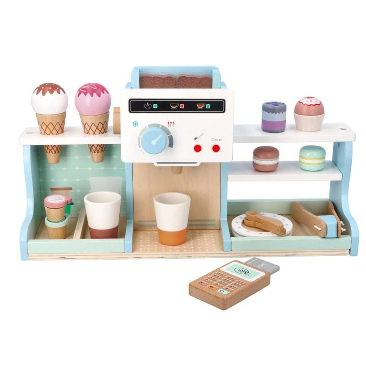Jucarie de lemn 2in1 idealSTORE Cofetarie si Cafenea Montessori pentru copii cu accesorii si joc de rol