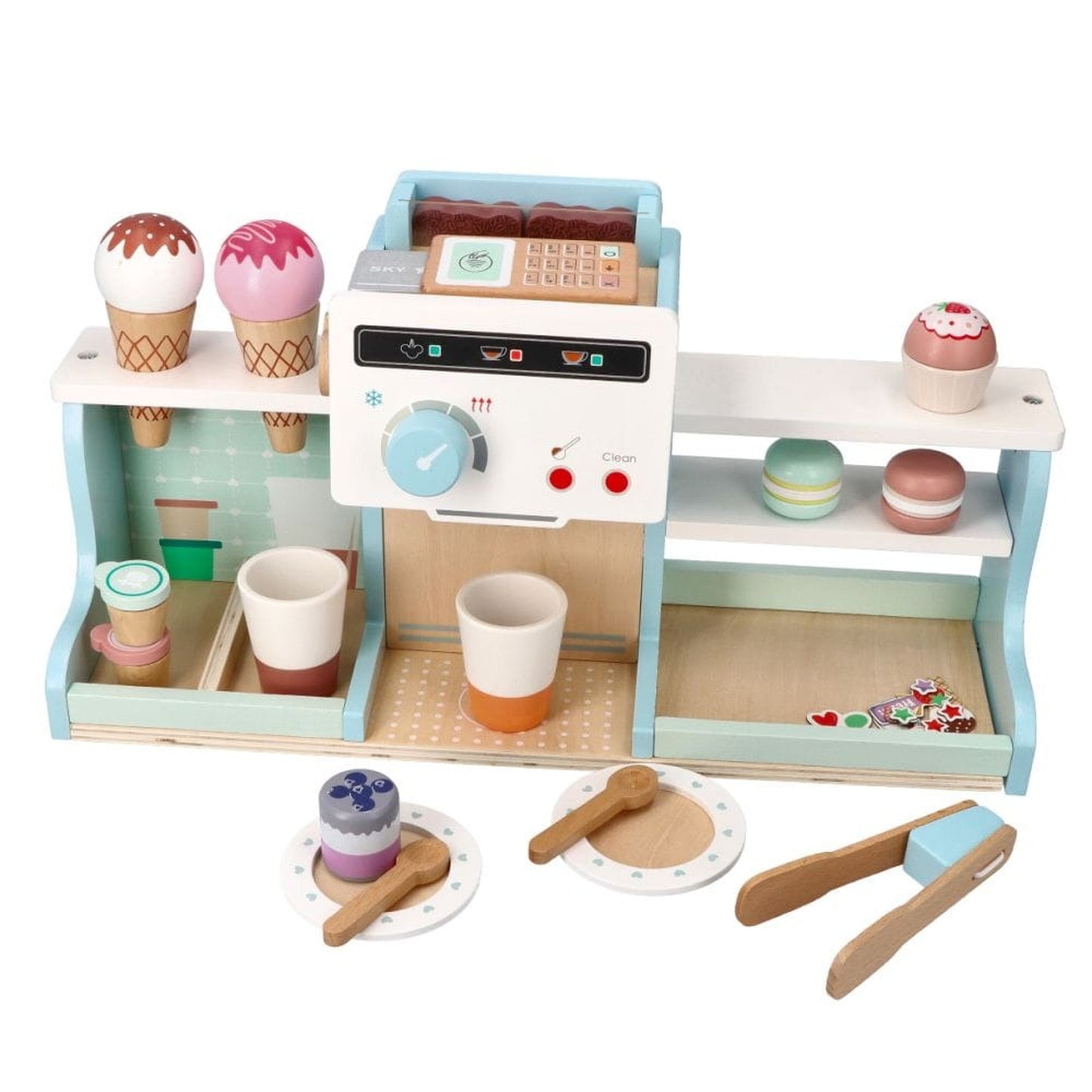 Jucarie de lemn 2in1 idealSTORE Cofetarie si Cafenea Montessori pentru copii cu accesorii si joc de rol