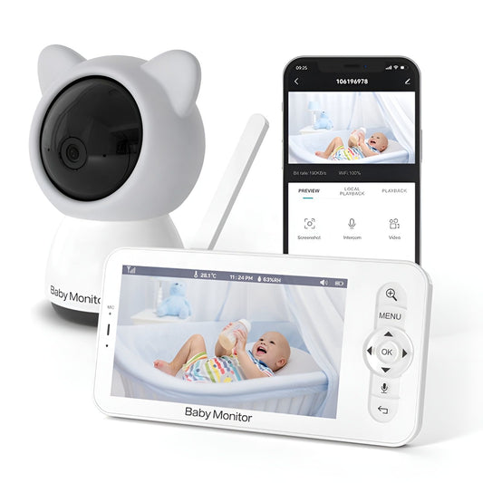 Baby Monitor IdealStore, Ecran HD de 5 inch, Monitorizare temperatura, Raza mare de actiune 300m