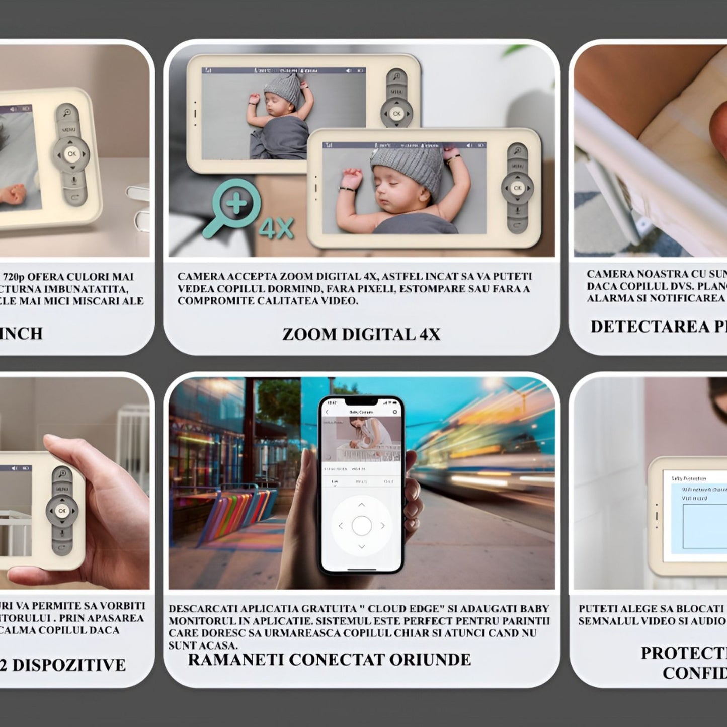 Baby Monitor IdealStore, Ecran HD de 5 inch, Monitorizare temperatura, Raza mare de actiune 300m