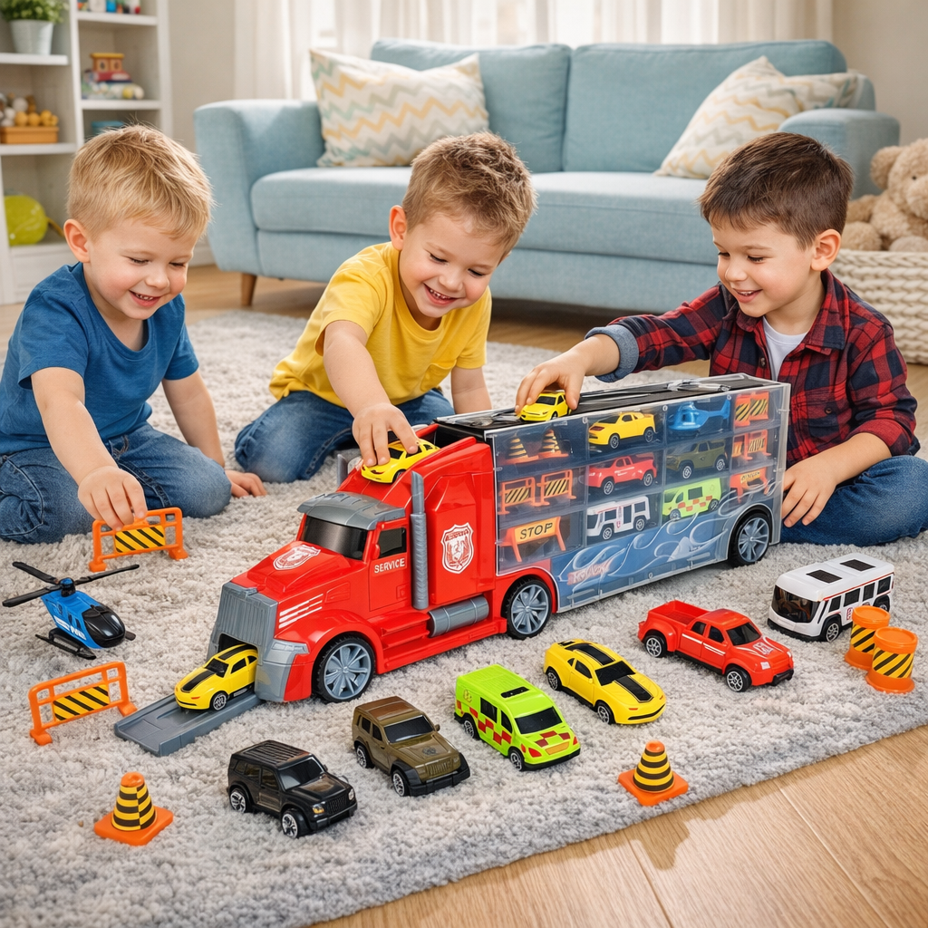Set de Masinute, Heavy Truck, Cutie in Forma de Camion, 53 CM Lungime, cu Maner si Panou Transparent, 5 Masinute, Elicopter si Semnalizatoare Rutiere Incluse, Rosu