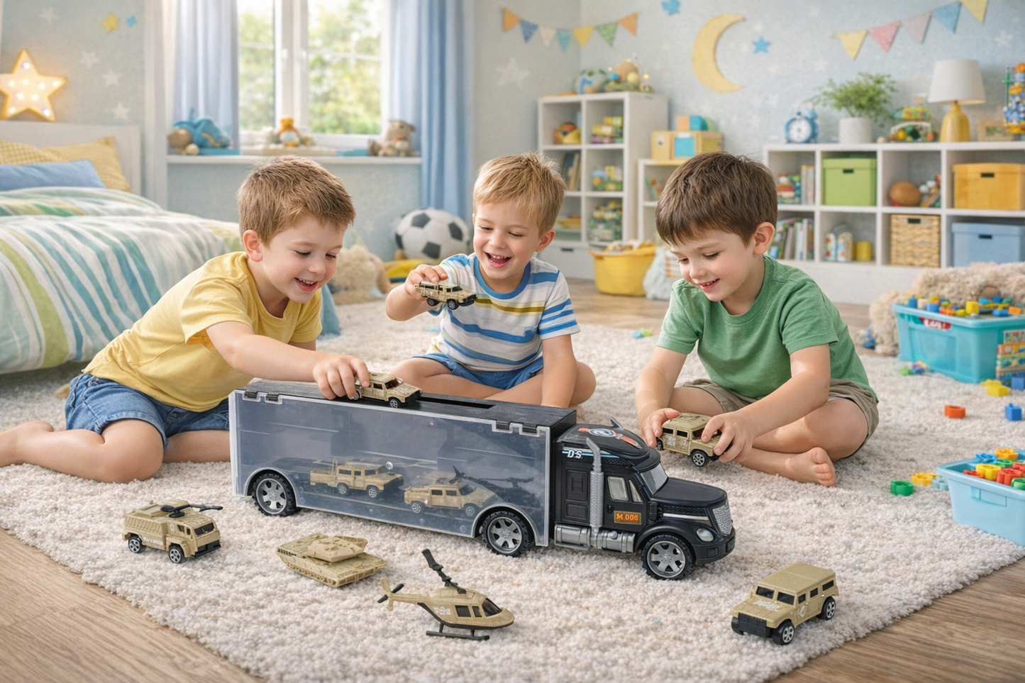 Camion interactiv cu vehicule militare idealSTORE Heavy Duty Army Transport, Echipat cu 6 vehicule militare, Maner pentru a facilita transportul camionului, Vehicule cu piese mobile