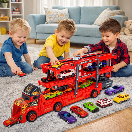 Camion Interactiv Car Laucher idealSTORE, Echipat cu 8 masinute pentru lansare pe 3 nivele, Roti rezistente din cauciuc, Rampa, Fabricat din plastic Durabil, Dezvolta coordonarea si abilitatile motorii ale copilului mic