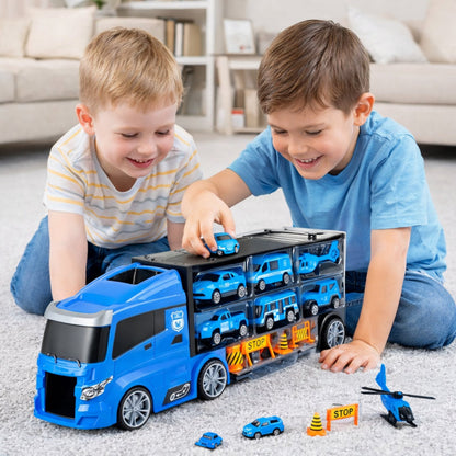 Camion de Politie Stil Valiza Blue Rage idealSTORE, Dimensiuni 39 x 12 8 cm, Accesorizat cu 5 vehicule de politie, elicopter 4 accesorii rutiere, Tobogan de masini, Maner retractabil pentru transportat