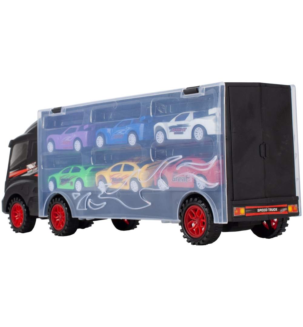 Jucarie Camion SpeedTruck IdealStore, compartimentat cu spatii pentru 6 vehicule din plastic, Dimensiune 31 X 7,5 X 11, Negru