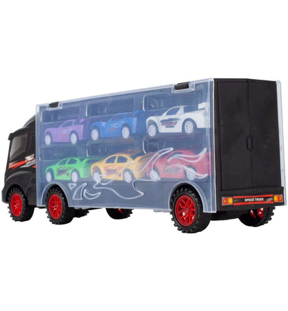 Jucarie Camion SpeedTruck IdealStore, compartimentat cu spatii pentru 6 vehicule din plastic, Dimensiune 31 X 7,5 X 11, Negru