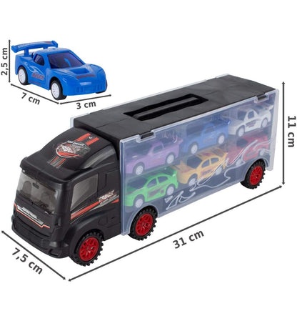 Jucarie Camion SpeedTruck IdealStore, compartimentat cu spatii pentru 6 vehicule din plastic, Dimensiune 31 X 7,5 X 11, Negru