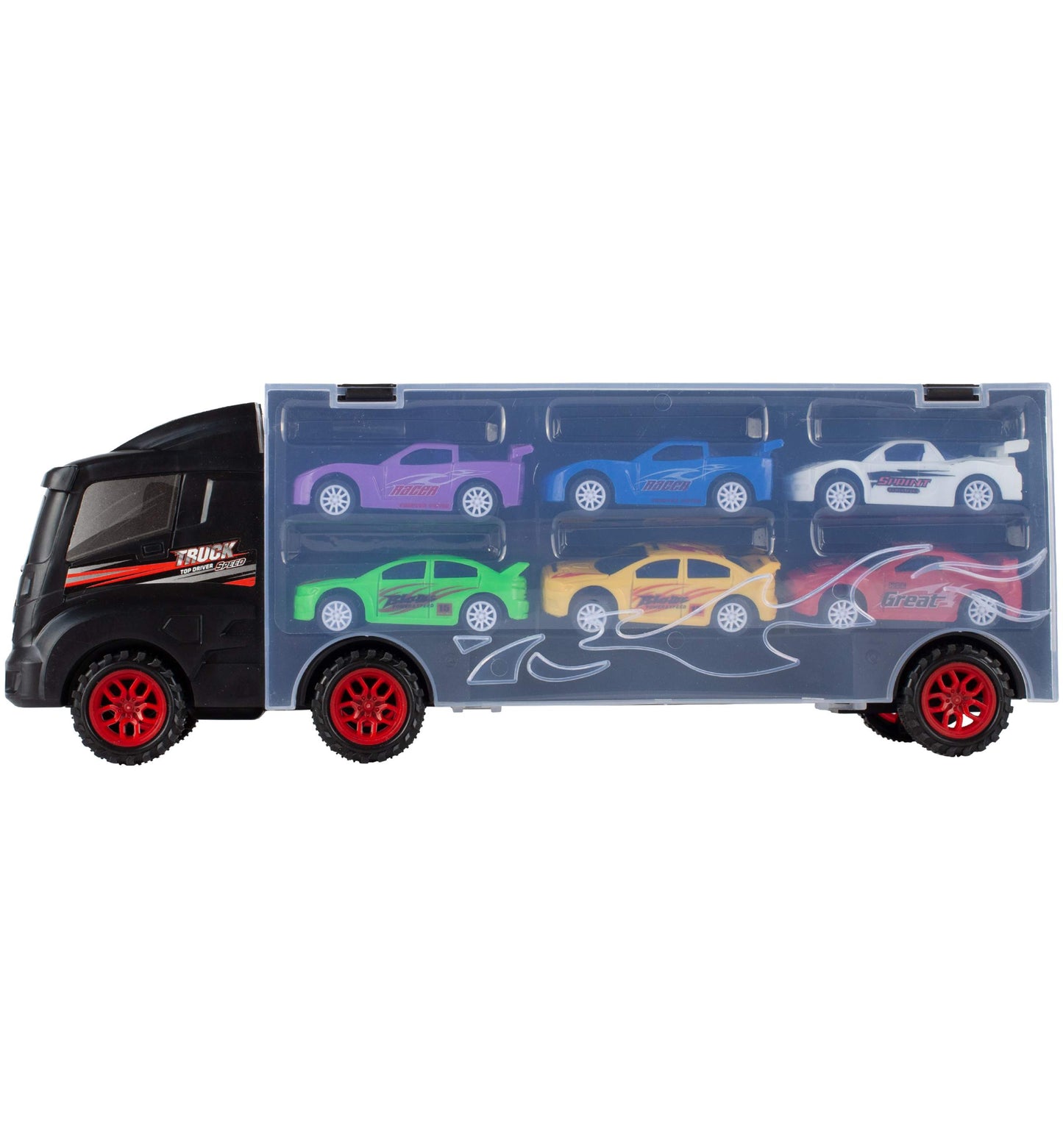 Jucarie Camion SpeedTruck IdealStore, compartimentat cu spatii pentru 6 vehicule din plastic, Dimensiune 31 X 7,5 X 11, Negru