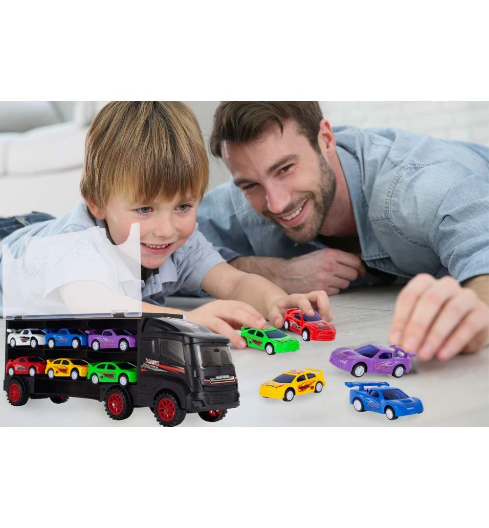 Jucarie Camion SpeedTruck IdealStore, compartimentat cu spatii pentru 6 vehicule din plastic, Dimensiune 31 X 7,5 X 11, Negru