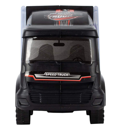 Jucarie Camion SpeedTruck IdealStore, compartimentat cu spatii pentru 6 vehicule din plastic, Dimensiune 31 X 7,5 X 11, Negru