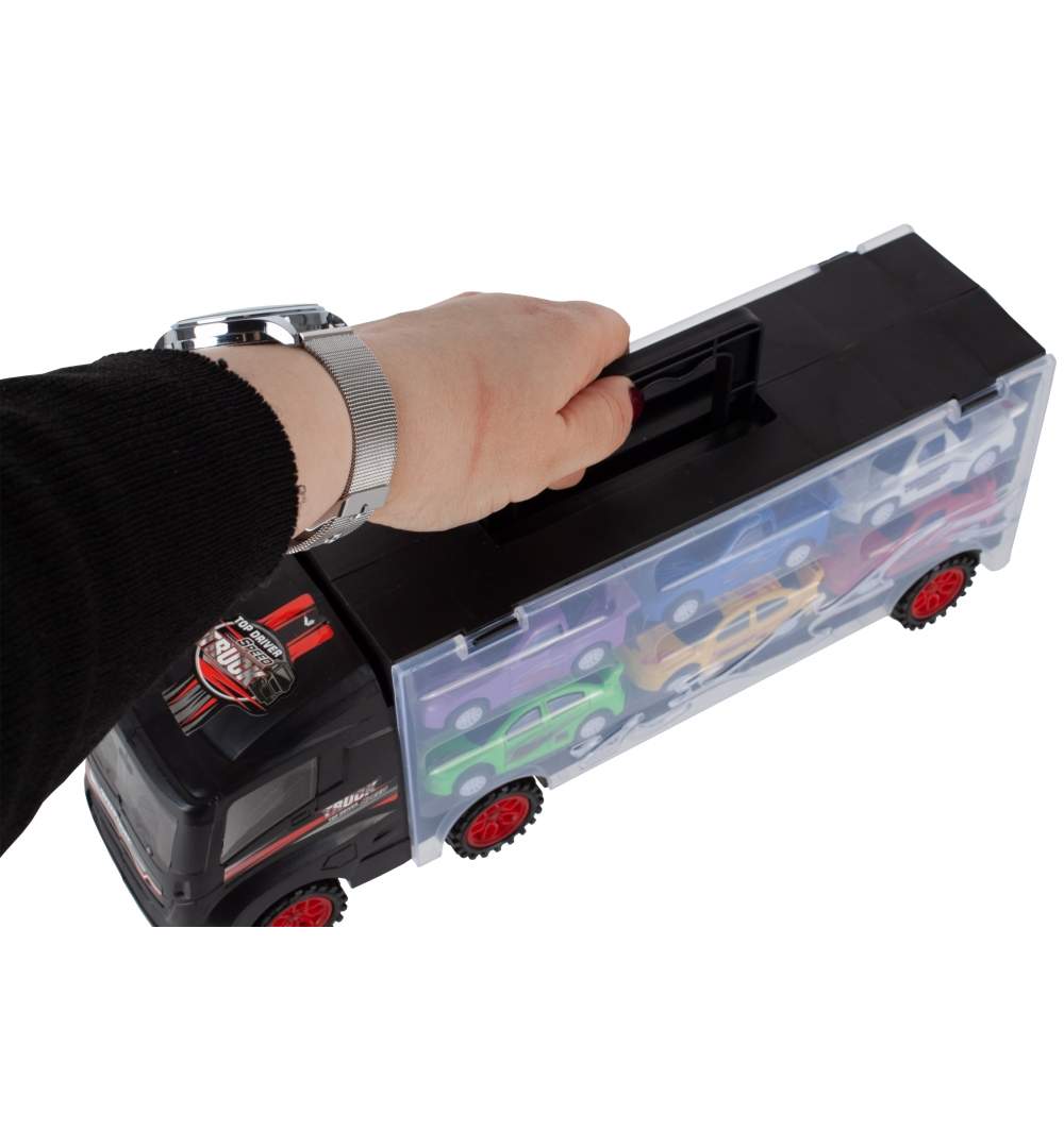 Jucarie Camion SpeedTruck IdealStore, compartimentat cu spatii pentru 6 vehicule din plastic, Dimensiune 31 X 7,5 X 11, Negru