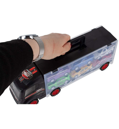 Jucarie Camion SpeedTruck IdealStore, compartimentat cu spatii pentru 6 vehicule din plastic, Dimensiune 31 X 7,5 X 11, Negru