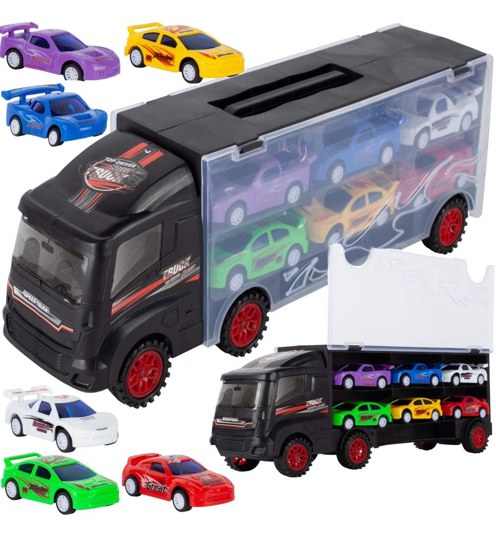 Jucarie Camion SpeedTruck IdealStore, compartimentat cu spatii pentru 6 vehicule din plastic, Dimensiune 31 X 7,5 X 11, Negru