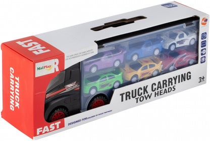 Jucarie Camion SpeedTruck IdealStore, compartimentat cu spatii pentru 6 vehicule din plastic, Dimensiune 31 X 7,5 X 11, Negru