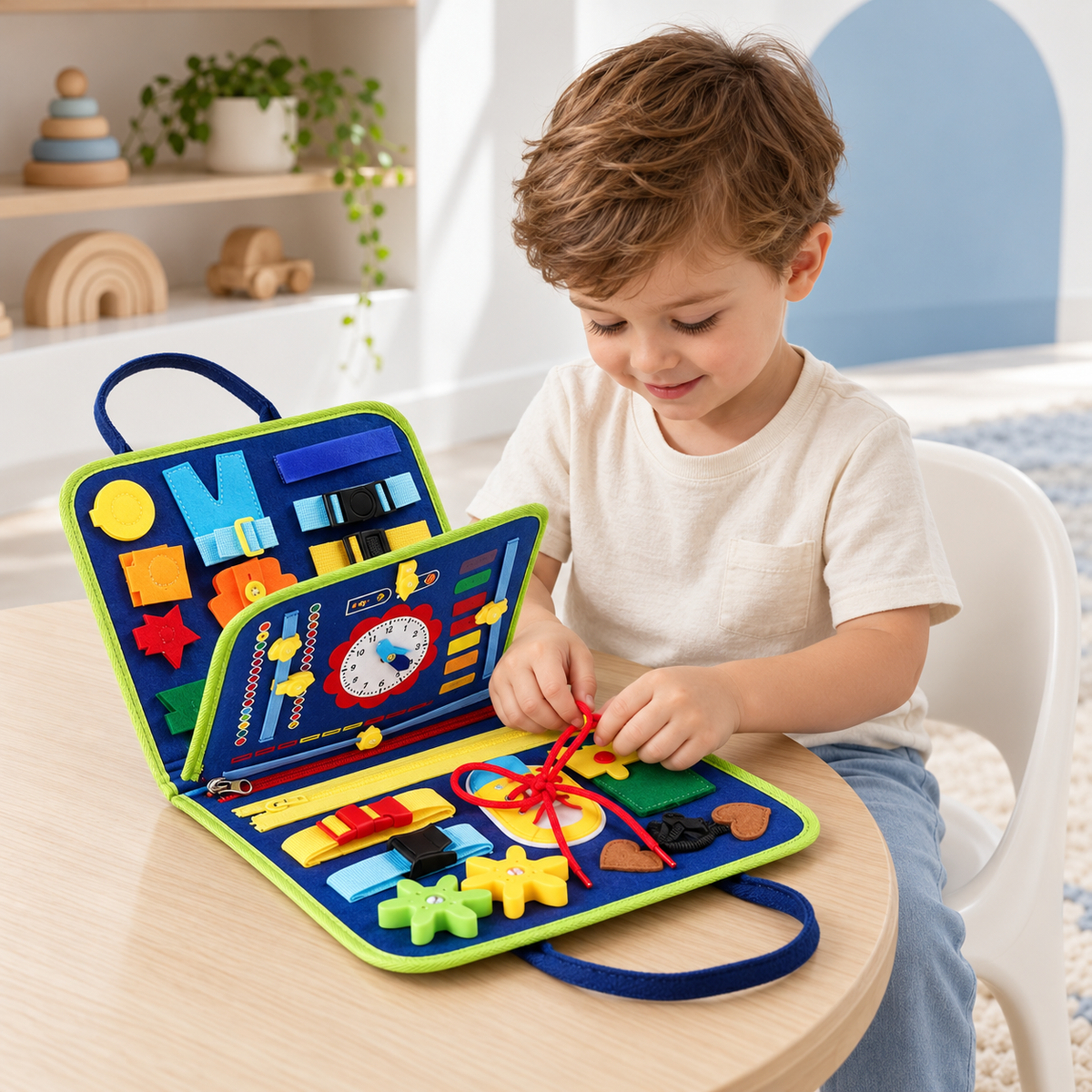 BUSY BOARD idealSTORE, Carte Senzoriala Interactiva, Material Textil, Format Gentuta, Activitati Pentru Motricitate Fina