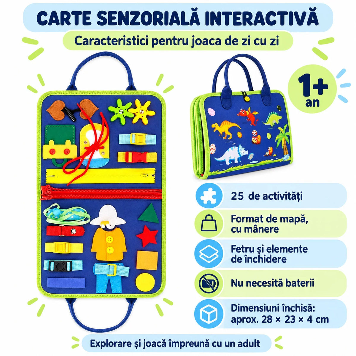 BUSY BOARD idealSTORE, Carte Senzoriala Interactiva, Material Textil, Format Gentuta, Activitati Pentru Motricitate Fina