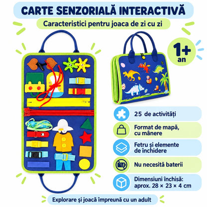 BUSY BOARD idealSTORE, Carte Senzoriala Interactiva, Material Textil, Format Gentuta, Activitati Pentru Motricitate Fina