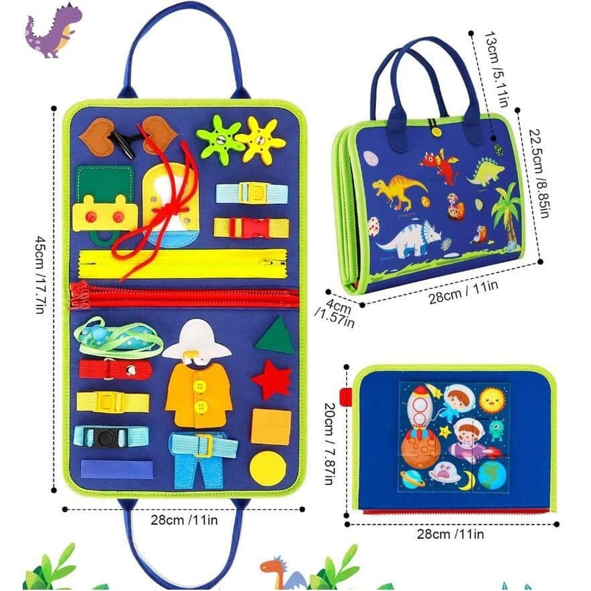BUSY BOARD idealSTORE, Carte Senzoriala Interactiva, Material Textil, Format Gentuta, Activitati Pentru Motricitate Fina