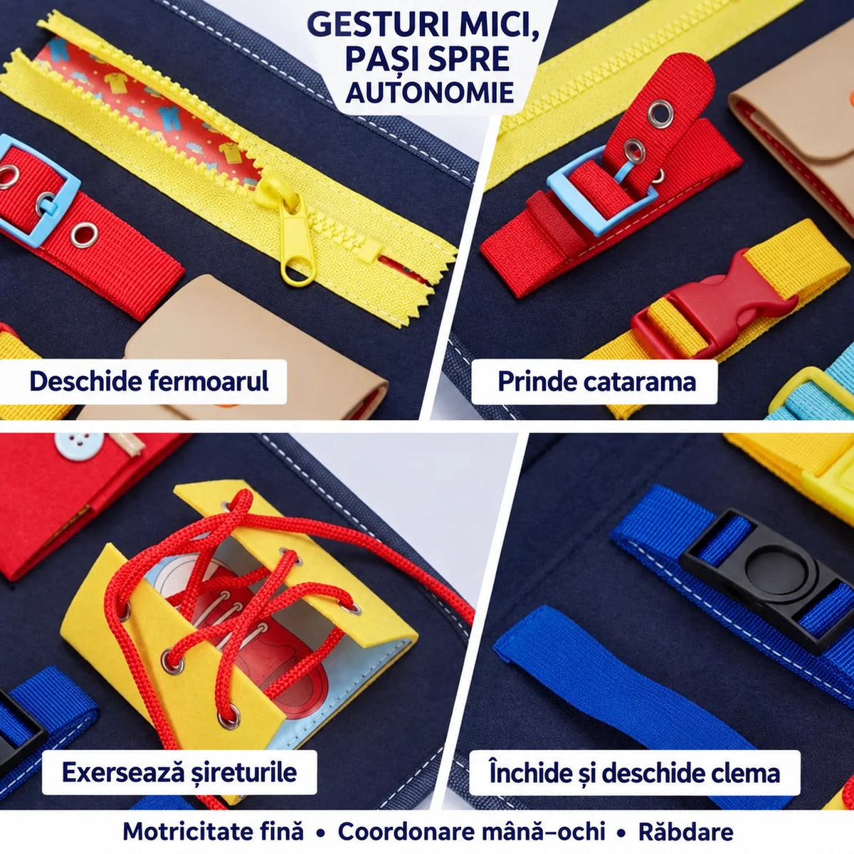 BUSY BOARD idealSTORE, Carte Senzoriala Interactiva, Material Textil, Format Gentuta, Activitati Pentru Motricitate Fina