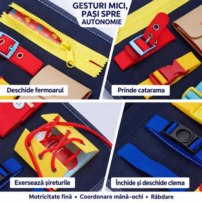 BUSY BOARD idealSTORE, Carte Senzoriala Interactiva, Material Textil, Format Gentuta, Activitati Pentru Motricitate Fina