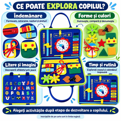 BUSY BOARD idealSTORE, Carte Senzoriala Interactiva, Material Textil, Format Gentuta, Activitati Pentru Motricitate Fina