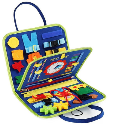 BUSY BOARD idealSTORE, Carte Senzoriala Interactiva, Material Textil, Format Gentuta, Activitati Pentru Motricitate Fina