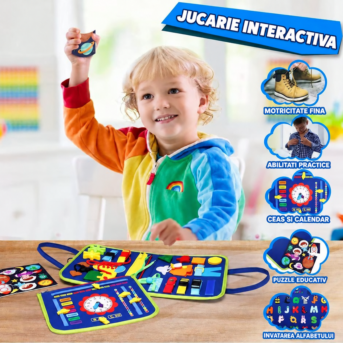 BUSY BOARD idealSTORE, Carte Senzoriala Interactiva, Material Textil, Format Gentuta, Activitati Pentru Motricitate Fina