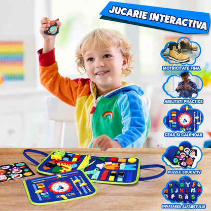 BUSY BOARD idealSTORE, Carte Senzoriala Interactiva, Material Textil, Format Gentuta, Activitati Pentru Motricitate Fina