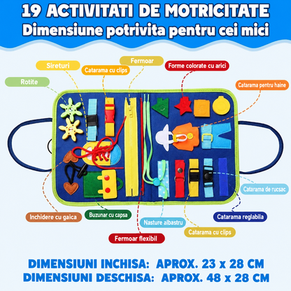 BUSY BOARD idealSTORE, Carte Senzoriala Interactiva, Material Textil, Format Gentuta, Activitati Pentru Motricitate Fina