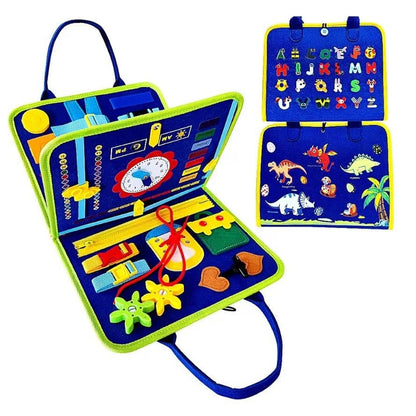 BUSY BOARD idealSTORE, Carte Senzoriala Interactiva, Material Textil, Format Gentuta, Activitati Pentru Motricitate Fina