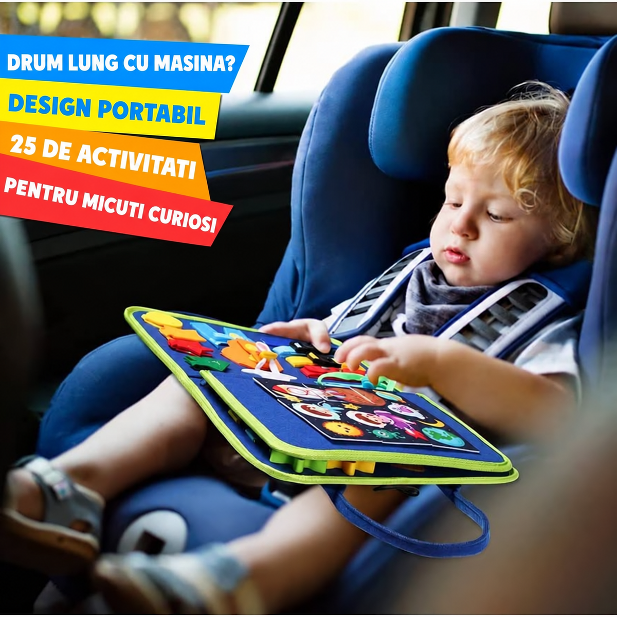 BUSY BOARD idealSTORE, Carte Senzoriala Interactiva, Material Textil, Format Gentuta, Activitati Pentru Motricitate Fina