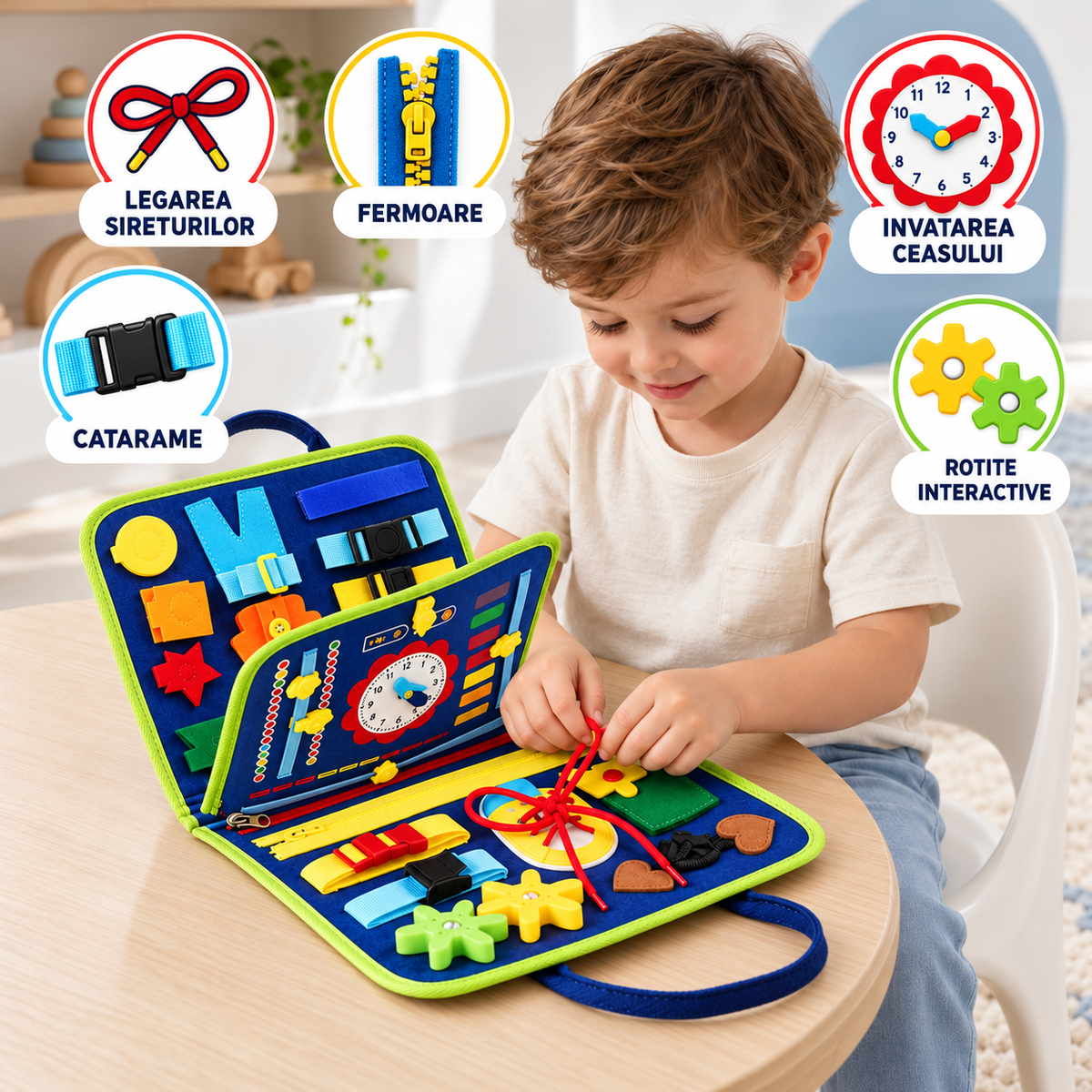 BUSY BOARD idealSTORE, Carte Senzoriala Interactiva, Material Textil, Format Gentuta, Activitati Pentru Motricitate Fina