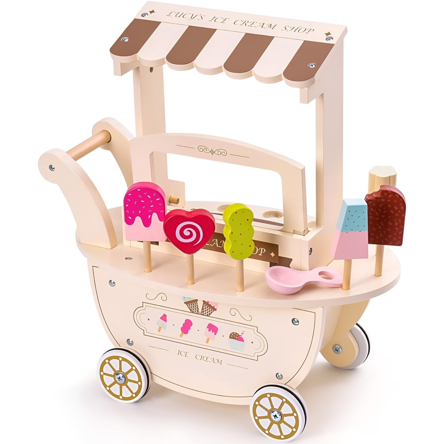 Carucior de inghetata din lemn Ice Cream Ideal Store cu accesorii copii