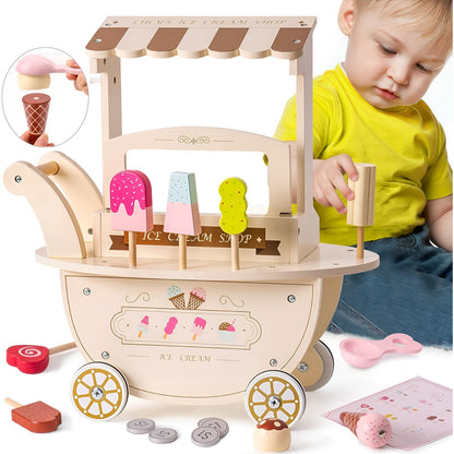 Carucior de inghetata din lemn Ice Cream Ideal Store cu accesorii copii