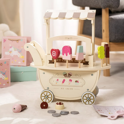 Carucior de inghetata din lemn Ice Cream Ideal Store cu accesorii copii