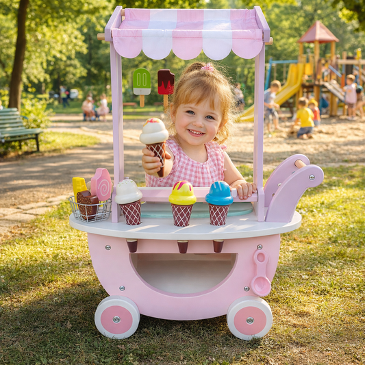 Carucior de inghetata din lemn Sweet Cream Ideal Store cu accesorii