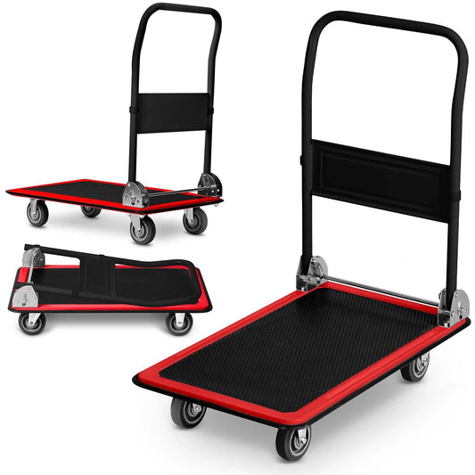 Carucior Platforma idealSTORE, Sarcia Maxima 150Kg, Platforma din Otel, Strat Antiderapant, Maner Ergonomic Pliabil, Roti Solide 360, Balamane Galvanizate, Instalare Rapida, Dimensiuni 72x83x43CM, Ideal Pentru Transport Marfa