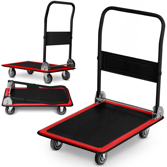 Carucior Platforma idealSTORE, Sarcia Maxima 300Kg, Platforma din Otel, Strat Antiderapant, Maner Ergonomic Pliabil, Roti Solide 360, Balamane Galvanizate, Instalare Rapida, Dimensiuni 90x87x60CM, Ideal Pentru Transport Marfa