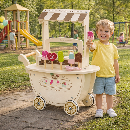 Carucior de inghetata din lemn Ice Cream Ideal Store cu accesorii copii