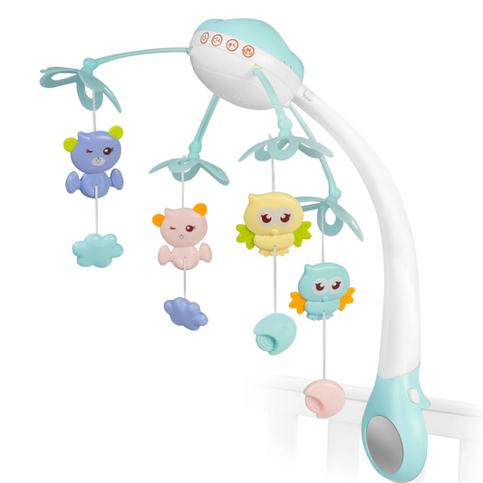 Carusel Muzical pentru Patut, SweetSleep, KinderVibe, cu Telecomanda si Functie Cronometru, Proiector si Lumini de Noapte, Melodii Calmante, 4 Jucarii, Lampa LED cu 3 Moduri, Blue