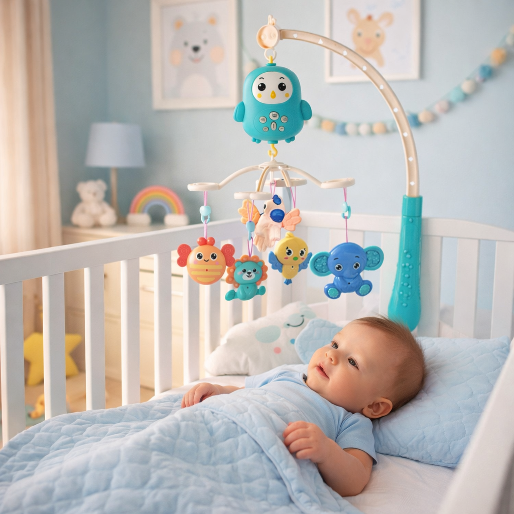 Carusel interactiv multifunctional pentru patut bebe Happy Bed Bell cu telecomanda