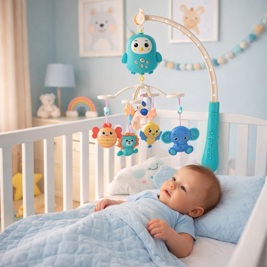 Carusel interactiv multifunctional pentru patut bebe Happy Bed Bell cu telecomanda