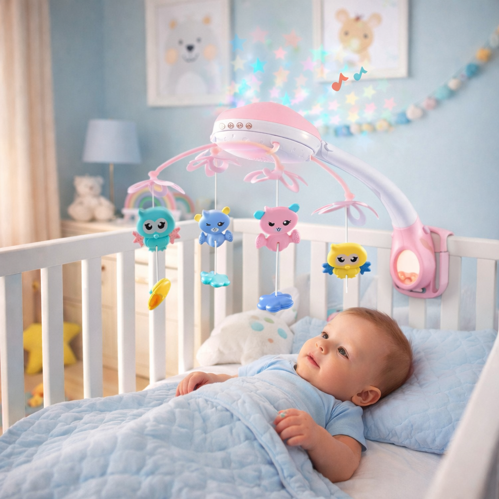 Carusel interactiv multifunctional pentru patut bebe Night Bed Bell cu proiectie si telecomanda