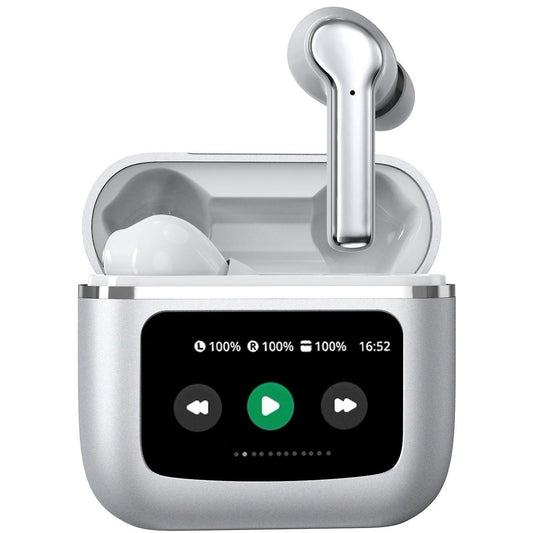 Casti Wireless cu Touch Screen idealSTORE NewXOne, Microfon, Bass Profund, Touch Screen, sunet Stereo la 360, Functie de Apel Primit, Raspundere-Respingere Apel, Reducere Zgomot ENC, Spectacol Lumini LED, culoare Gri